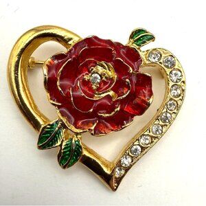 Vintage Gold Tone Heart Rose Brooch Red Enamel Rhinestone Floral Pin